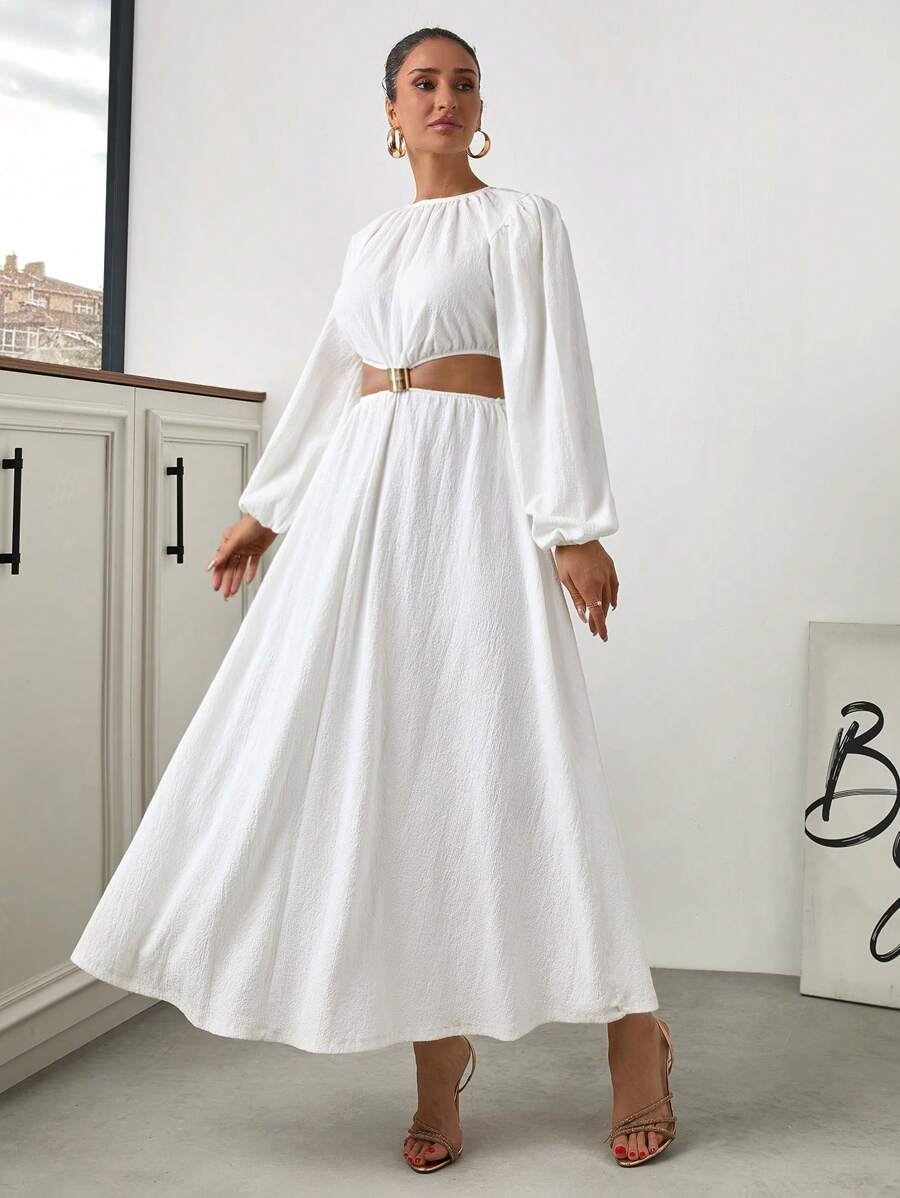 EURMUSE Metal Buckle Detailed Long White Dress - White - View 1