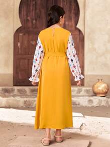 SHEIN Tween Girl Casual Patchwork Solid Color & Floral V-Neck Ruffle Sleeve Dress - Yellow - View 2