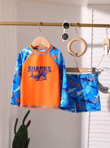 Young Boys' Cartoon Shark Print Long-Sleeved Top And Swimming Trunks Set,Suitable For Beach, Outgoing And Swimming In Spring Summer - Multicolor - View 1