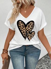 INAWLY Plus Size V-hals Korte Mouw Omslag Manchet Luipaard Print & Hart Grafisch Casual Veelzijdig T-shirt, Lente/Zomer
