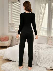 SHEIN 2 Stück/Set Mädchen & Teenager Mädchen Minimalistische Schwarz & Weiß Trim V-Ausschnitt Langarm Oberteil und Leggings Unterwäsche Set