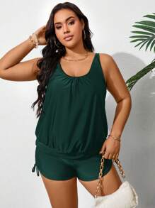 Swim Lushoire Summer Plus Size Solid Color Casual Sleeveless Ruched Simple Bikini Top - Dark Green - View 5