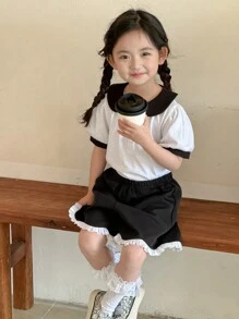 DAZY 2pcs/Set Young Girl Casual Simple Stylish Short Sleeve Top And Shorts Set, For Daily Wear - White - View 1
