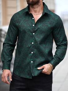 Manfinity LEGND Plus Size Men's Front Button Long Sleeve Shirt, Simple Casual Shirt, Dark Green Men Shirt