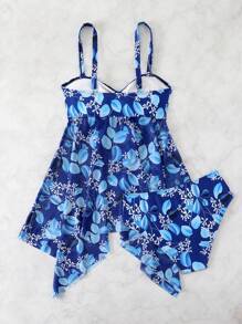 SHEIN 2pcs/Set Women's Knit Floral Print Strappy Backless Beach Spaghetti Strap Dress & Mesh Sexy Elegant Strapless Summer Tankini Swimwear - Multicolor - View 2