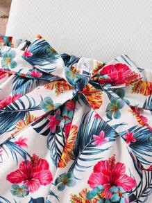 Tween Girls Solid Ruffle Short Sleeve Top And Tropical Print Shorts 2 Pieces Set - White - View 5