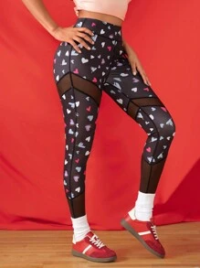 SHEIN Sports Heart Mesh Splice Leggings, Casual Sportswear For Daily Wear - Black - View 1