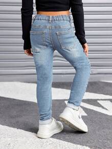 SHEIN SLAYR KIDS Young Girls' Vintage Blue Ripped Jeans, Cool Thanksgiving, Fall And Winter - Medium Wash - View 2