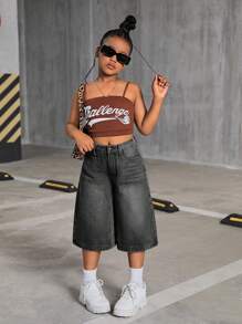 SHEIN Tween Girls Y2K 2000s Retro Washed Baggy Casual Denim Wide Leg Knee Length Jeans Shorts,Girls Fall Clothes Back To School Streetwear Outfits - Light Wash - View 5