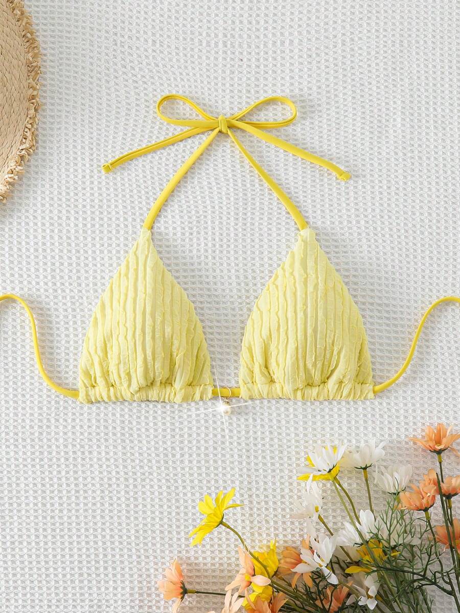SHEIN Swim Summer 1pc Plain Texture Halter Neck Bikini Top - Yellow - View 1