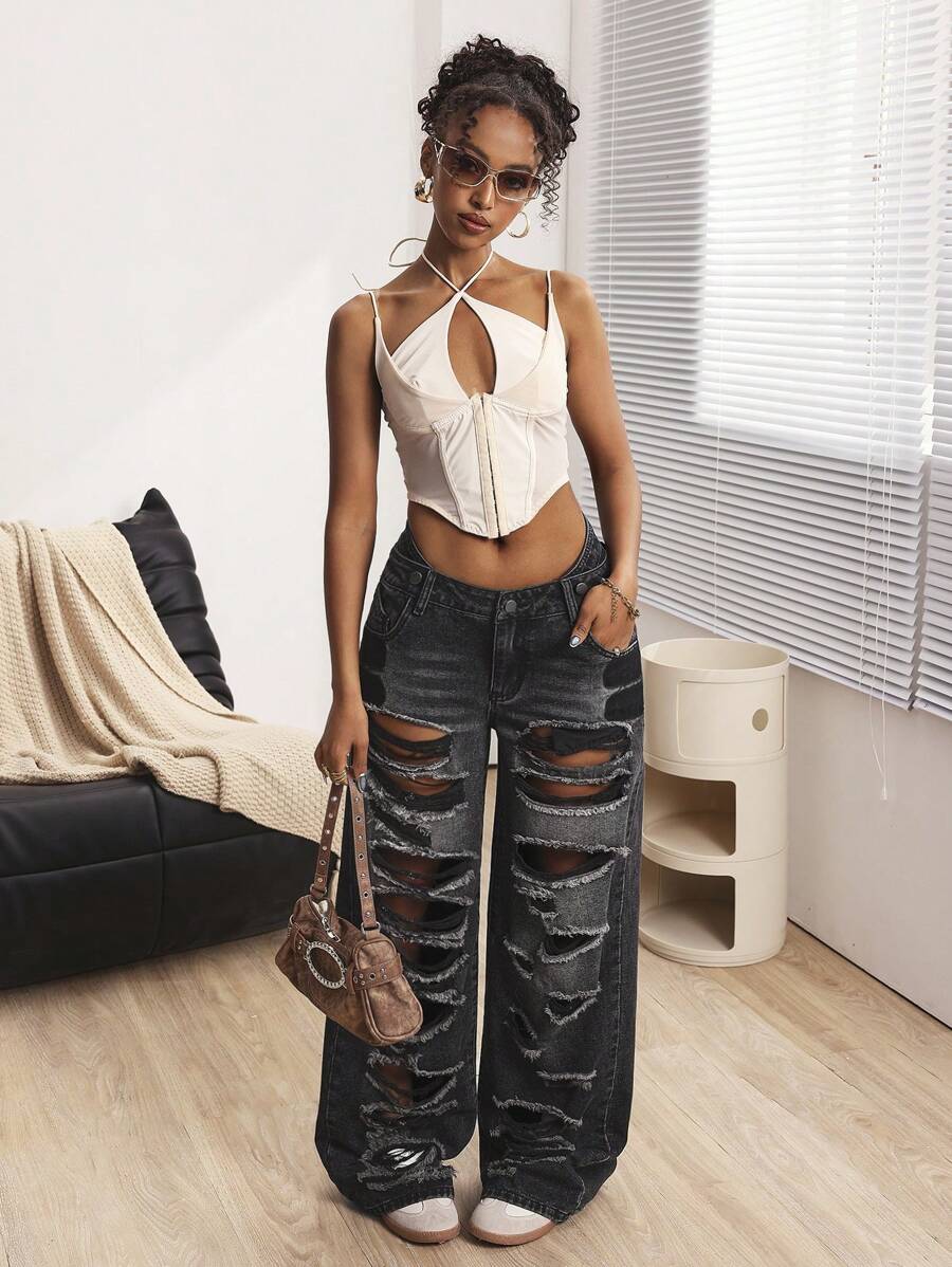 SHEIN ICON 女式前扣口袋做旧简约休闲牛仔裤 - 黑色 - 查看 1