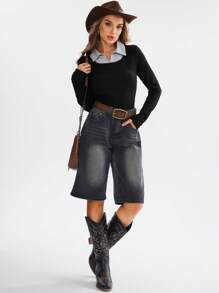 SHEIN LUNE 2024 Early Autumn New Knitted Patchwork 2 In 1 Women Top T-Shirt - Multicolor - View 3