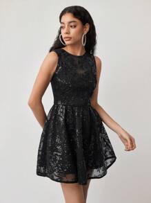 MOTF STUDIO SEQUIN MESH FLARED TANK DRESS - Black - View 4