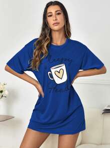 Cup & Letter Graphic Drop Shoulder Pajama Night Dress - Navy Blue - View 4