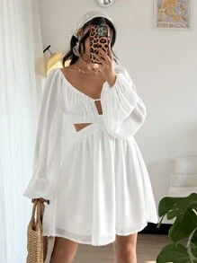 SHEIN VCAY 女士优雅纯色露肩灯笼袖迷你连衣裙 - 白色 - 查看 1