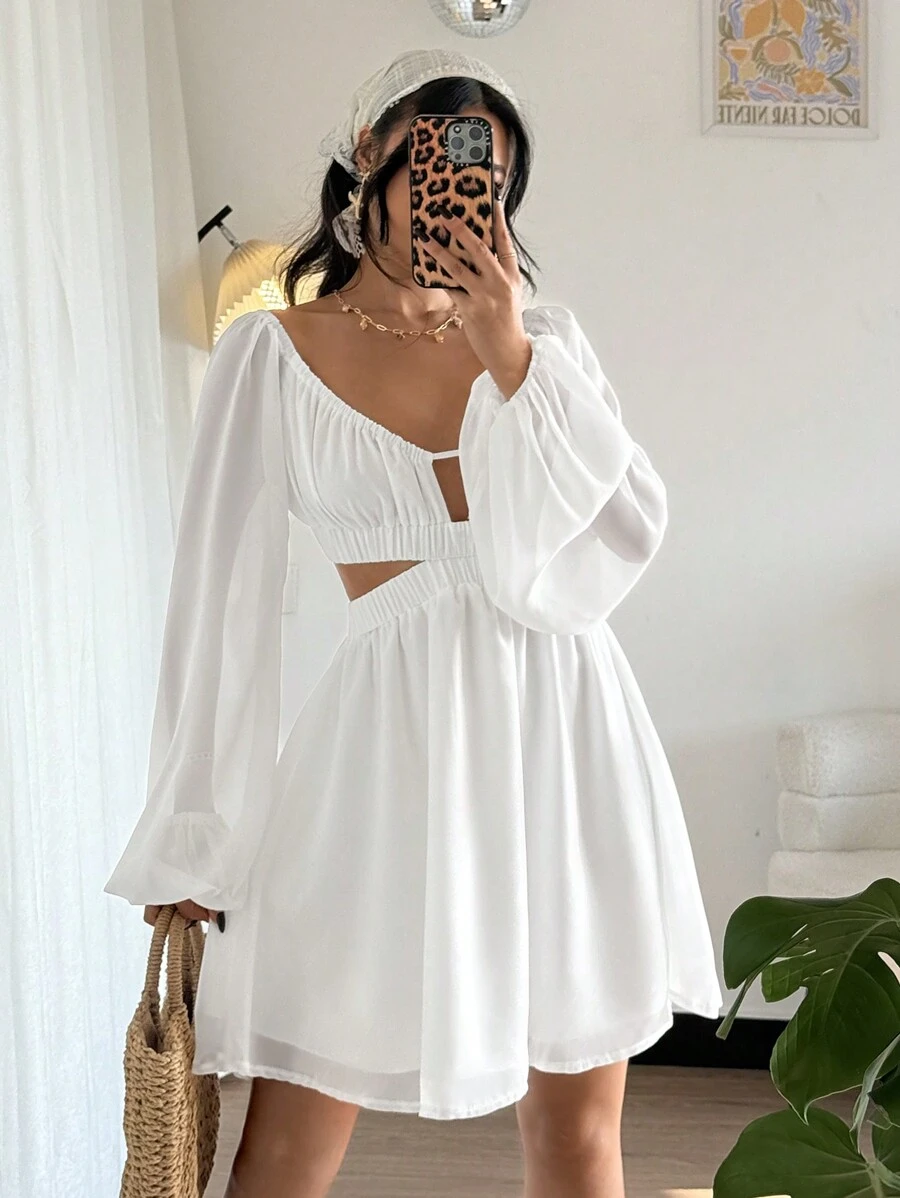SHEIN VCAY 女士优雅纯色露肩灯笼袖迷你连衣裙 - 白色 - 查看 1
