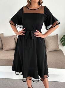 SHEIN Clasi Plus Size Women's Solid Color Mesh Splicing Round Neck Ruffle Sleeve Elegant A-Line Dress, Plus Size Women's Solid Color Mesh Splicing Round Neck Ruffle Sleeve Elegant A-Line Dress, Going Outfits, Women's Maxi Dresses, Long Dresses, Elegant Midi Dresses, Elegant Dresses, Elegant Dresses, Elegant Dresses, Elegant Wedding Dresses, Elegant Midi Dresses, Women's Black Dresses, Women's Spring And Summer Dresses, Women's Resort Dresses - Black - View 8
