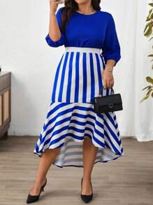 SHEIN Clasi Plus Size Elegant Striped Splice Fishtail Hem Dress - Blue and White - View 4