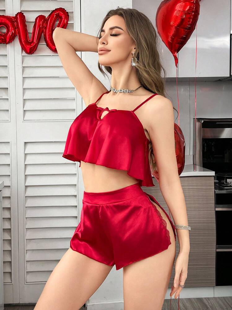 Slouchy Ins-Style Pearl Deisign Sleeveless V-Neck Super Shorts Set, Sexy Slit Tie-Up Faux Silk Pajamas - Burgundy - View 4