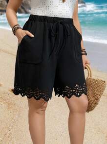 EMERY ROSE Plus Size Solid Color Casual Shorts, Fashionable And Suitable For Daily Wear Spring Outfits For Women - Black - View 6