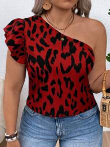 SHEIN VCAY Plus Size Vacation Single Cap Sleeve Leopard Print Blouse - Red - View 4