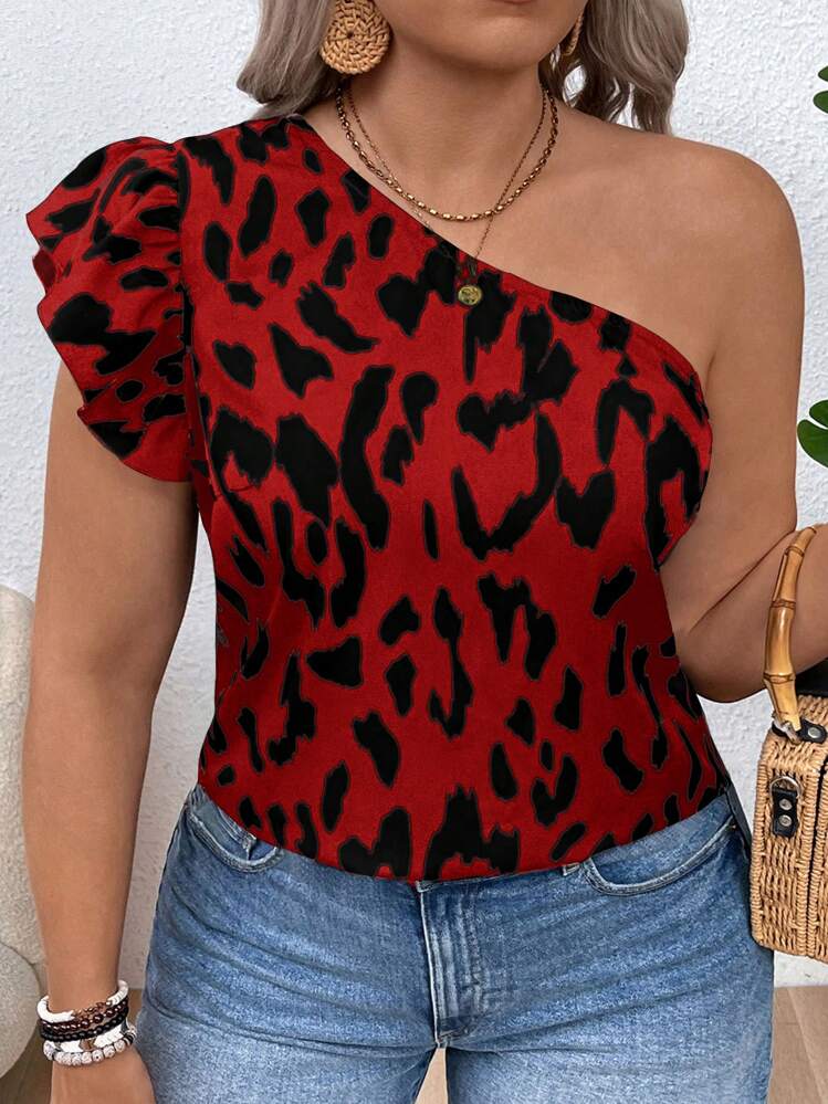 SHEIN VCAY Plus Size Vacation Single Cap Sleeve Leopard Print Blouse - Red - View 4