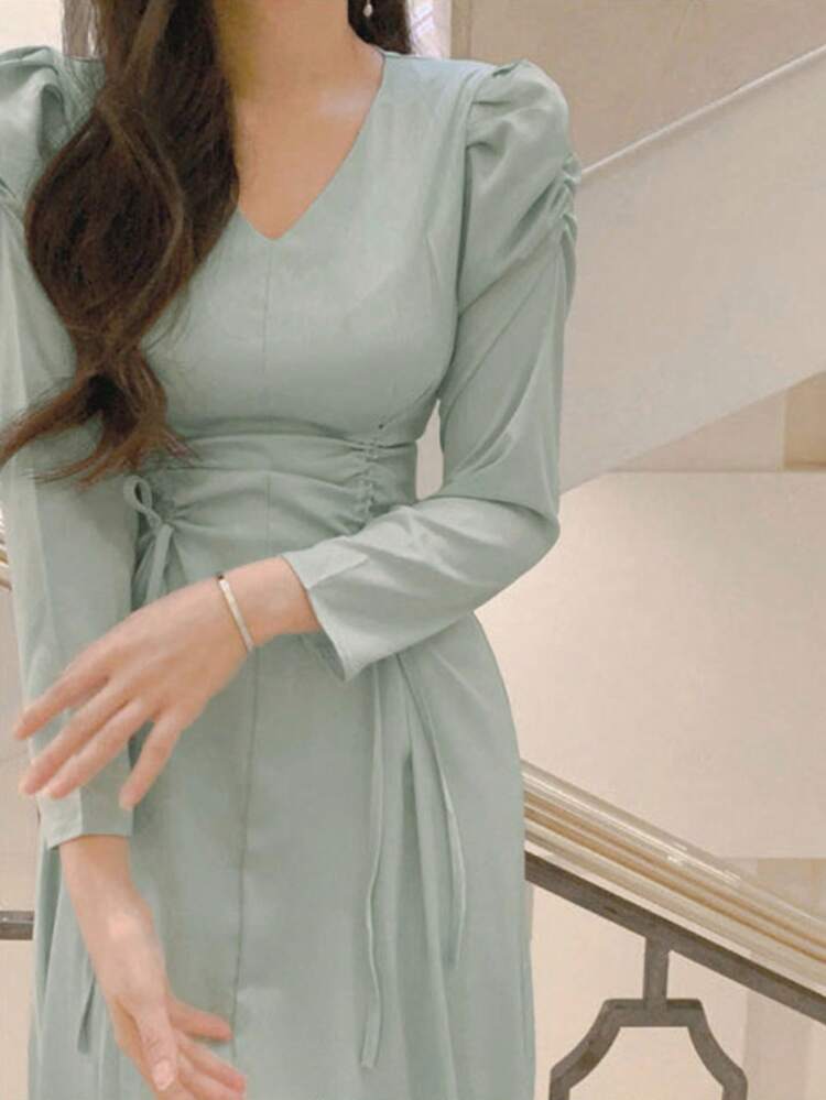 Women's Solid Color V-Neck Drawstring Mid-Length Dress, Spring/Summer/Autumn Long Sleeve Dress