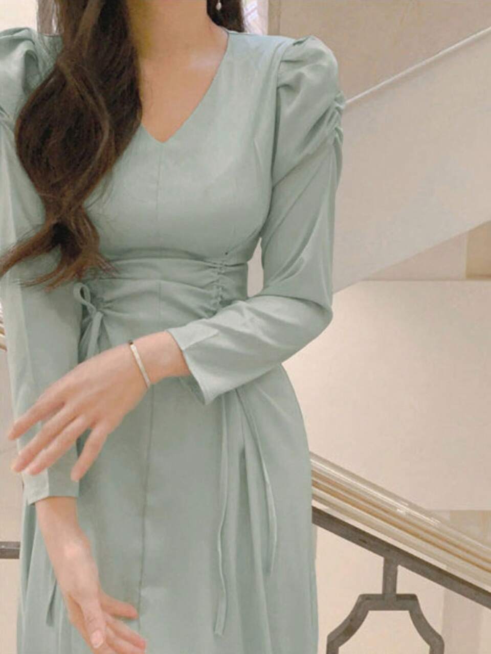 Women's Solid Color V-Neck Drawstring Mid-Length Dress, Spring/Summer/Autumn Long Sleeve Dress