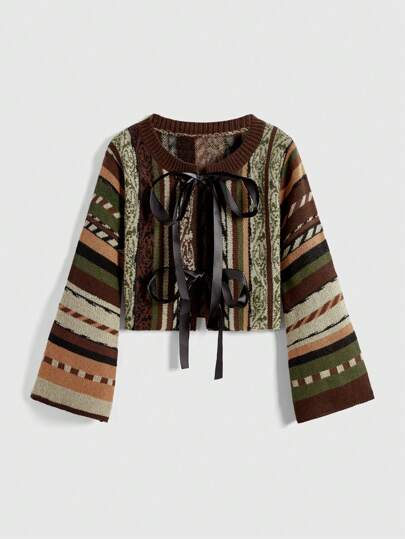 Hippie Boho Vertical Striped Tie Bow Cardigan For Women