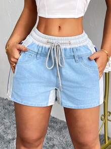 SHEIN SXY 女士纯色拼布前系带口袋简约休闲牛仔短裤 - 彩色 - 查看 2