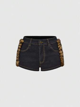 Grunge Punk Shorts di jeans mini a vita bassissima in stile Y2K Harajuku Gyaru Gal, con patchwork a motivo leopardato in ecopelliccia