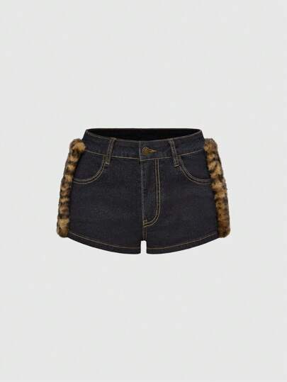 Grunge Punk Y2K Harajuku Gyaru Gal Style Patchwork Leopard Faux Fur Super Low Rise Mini Denim Shorts