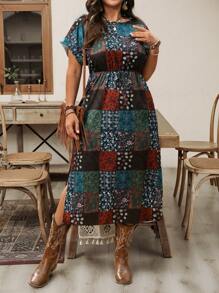 EMERY ROSE Plus Size Spring Summer Women Ditsy Floral Round Neck Batwing Short Sleeve Casual Vacation Dress,Western Wear Women