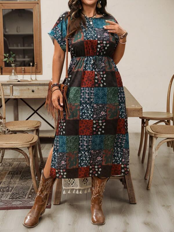 EMERY ROSE Vestido informal de verano con estampado floral diminuto, cuello redondo, mangas de murciélago y cortas, para vacaciones, para mujer de talla grande, ropa occidental para mujer