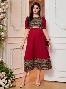 SHEIN Maternity Geometric Print Puff Sleeve Patchwork Dress - Red - View 5