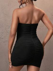 Slaydiva Elegant Sexy Solid Color Ruched Bodycon Mini Camisole Dress - Black - View 2