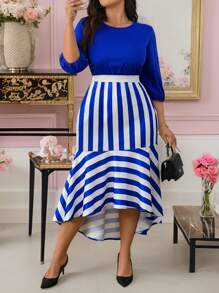 SHEIN Clasi Plus Size Elegant Striped Splice Fishtail Hem Dress - Blue and White - View 1