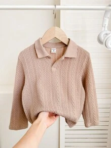 SHEIN Kids/Young Boys Casual Korean Style Loose Knitted Collared Pullover Polo Shirt, Suitable For School, Garden, Beach, Birthday, Spring, Summer, Autumn, Winter Seasons - Khaki - View 1