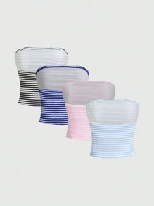 SHEIN Essnce 女士无袖修身条纹休闲抹胸，日常穿着 - 彩色 - 查看 4
