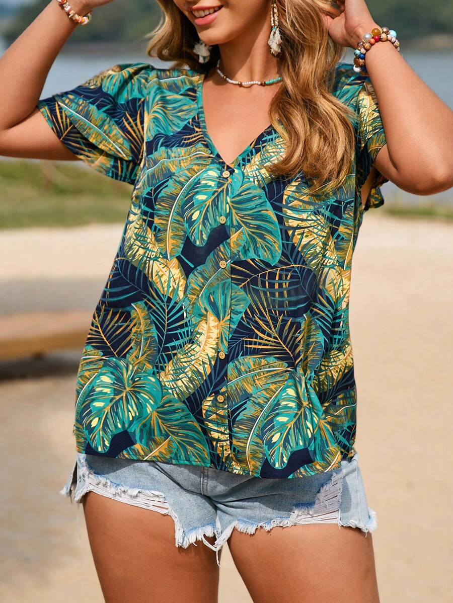 SHEIN VCAY Plus Size Women's Boho Vacation Tropical Plant Print Double Layer Short Sleeve V-Neck Blouse, For Summer