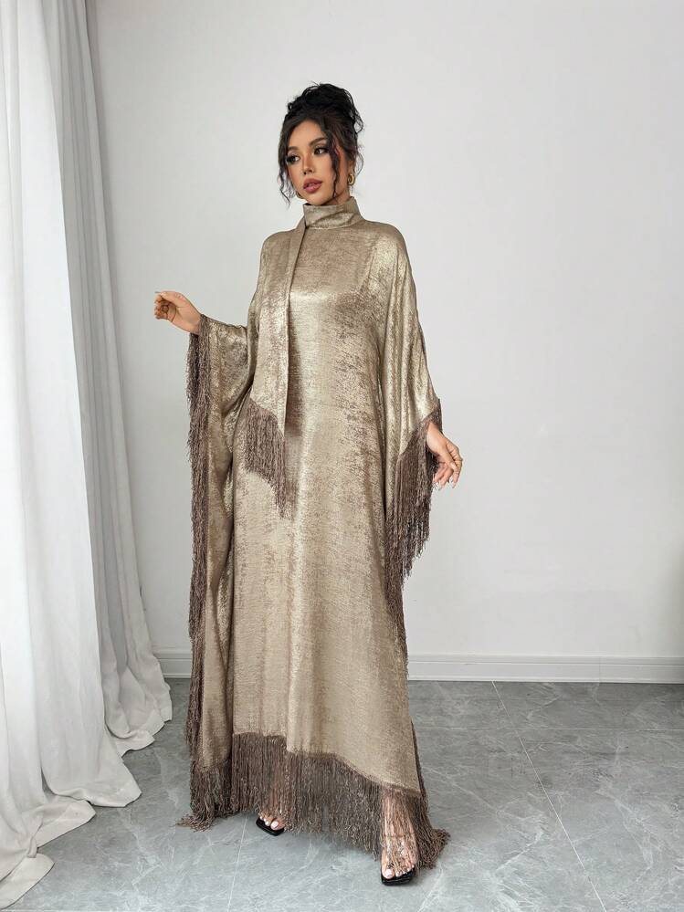 Rafferiza Robe élégante et avec col montant ample et garniture à franges - Doré - Voir 6