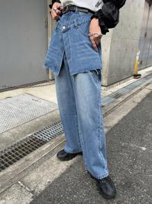 FRIFUL 女式直筒破洞牛仔裤，流苏下摆，春季 - 中等水洗藍 - 查看 4