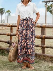 SHEIN LUNE Ensemble casual pour femmes composé d'une chemise unie avec nœud papillon et d'un débardeur à imprimé avec fine bretelle. Tenue occidentale pour femmes, idéale pour les vacances et l'été - Multicolore - Voir 3