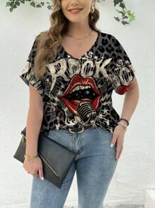 SHEIN LUNE Áo thun tay ngắn cổ chữ V họa tiết da báo và môi đỏ cỡ lớn cho nữ, phù hợp cho mùa hè - trắng - Xem 6