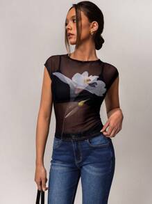 Forever 21 Spring Vintage Elegant Y2K Floral Printed Women's Mesh Undershirt, Minimalist, High Street Style - Multicolor - View 5