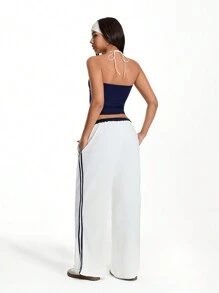 TRNVIE Contrast Trim Halter Casual Tank Top, Minimalist & Fashionable For Daily Casual Wear - Navy Blue - View 2