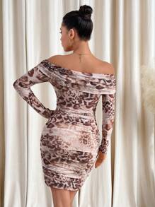 SHEIN Clasi Off-The-Shoulder Leopard Print Ruched Fitted Dress,Valentine's Day Dress