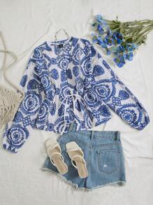 SHEIN Unity 度假风格蓝色棉质刺绣镂空花卉蕾丝拼接 V 领收腰系带袖口休闲优雅修身衬衫 - 藍色 - 查看 1