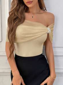 SHEIN Privé Women's Mesh Off Shoulder Pearl White Bodysuit - Apricot - View 5