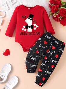 2 Stücke/Set Baby Jungen Mein erster Valentinstag minimalistischer Herz- und Buchstaben-Muster Langarm-Body und lange Hose, Kleidung für Valentinstag Frühlingsoutfit, als Geschenk